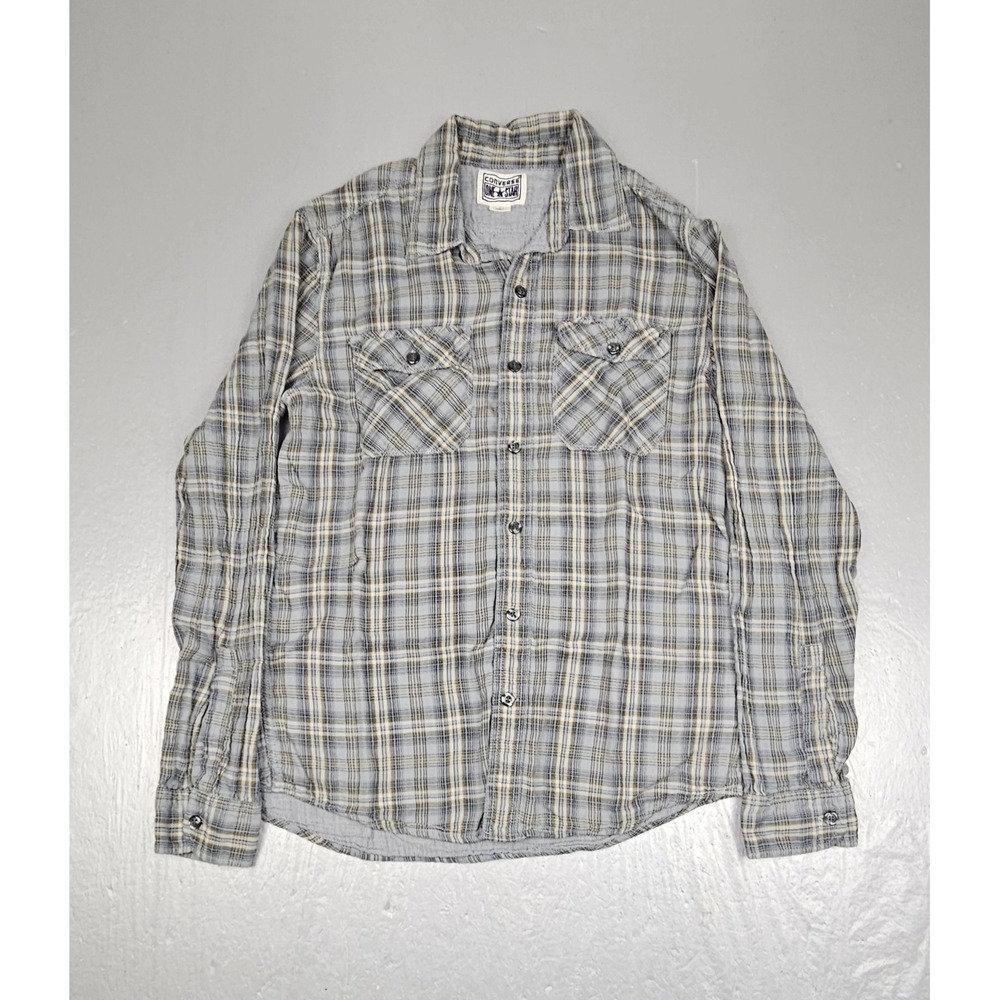 Vintage 90s Converse One Star Button Up Shirt Mens Sm Plaid Flannel Stripe Lined